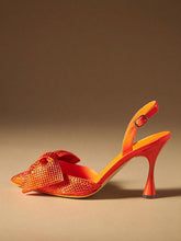 Rhinestone Bow Pointy Buckled Slingback Flared Pumps - Vegan Leather Orange & Velvet Brown